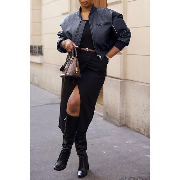 Women Dark Blue Faux Leather Cropped Bomber Jacket Baseball Collar Zip Up - Picture 3 of 6